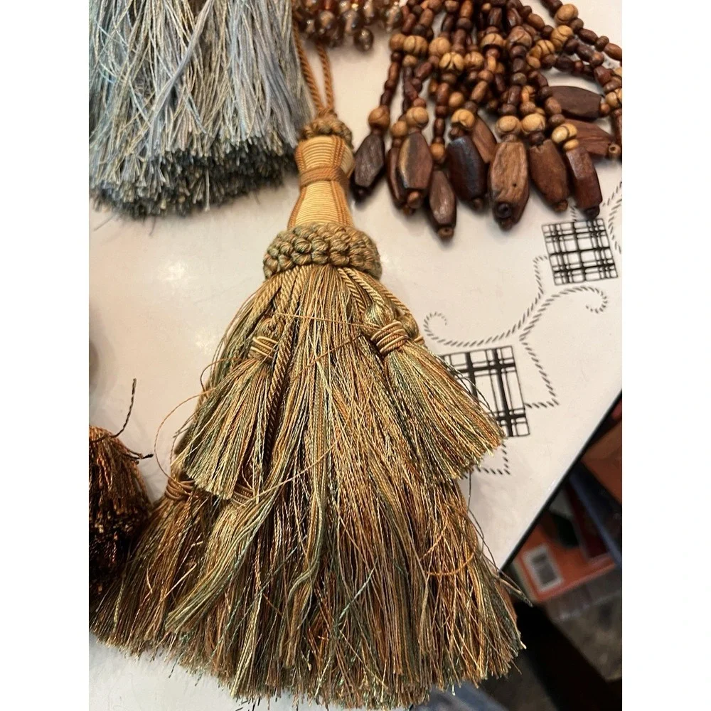 Lot Of 9 Decorative Tassels Attached Looped Cords 7 Lg. 1 All Beads 1 Wood Beads